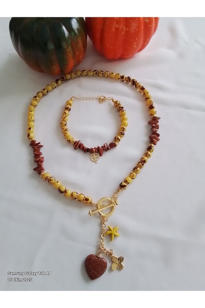 İPAR AKSESUAR Cam Beaded Star Natural Stone Necklace Bracelet Set