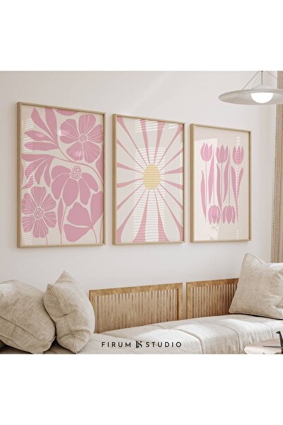 NinaStore Pastel Pembe Çiçekli Sanat Baskıları / Genç Kız Odası Galeri Seti (...