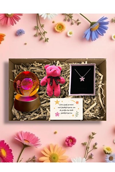 Seila Pembe Lotus Kolye & Satürn Kızlı Cam Küre & Ayıcık Anahtarlık & Not Hed...