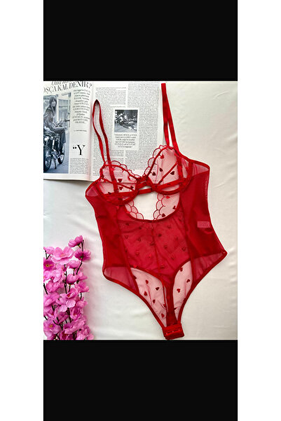 Kırmızı Kalp Desenli Transparan Dantelli bodysuit