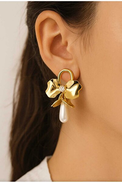 ÖZÜM TAKI Women's Steel Bow Model Pearl Zircon Stone Earrings Gold