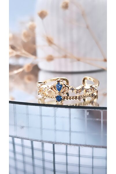 Serenity خاتم مطلي بالفولاذ مع شكل تاج صغير من حجر الزركون الأزرق