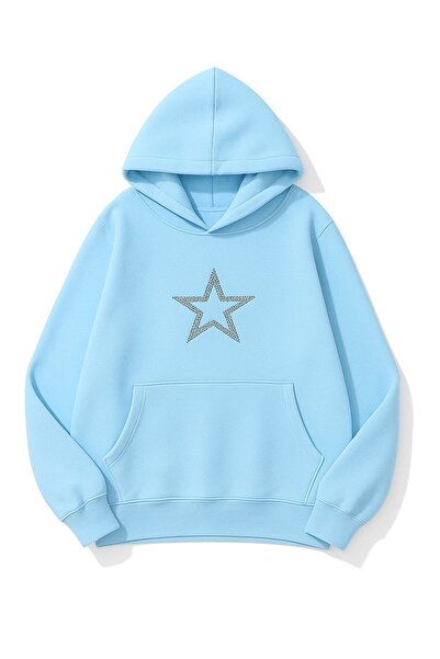 Wish BF Kapşonlu Sweatshirt Oversize Yıldız Star Baskılı 3 Iplik Şardonlu %10...