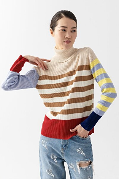 Noi Belis Slim Fit Turtleneck Color Block Knitwear Sweater Aw25Kz0062