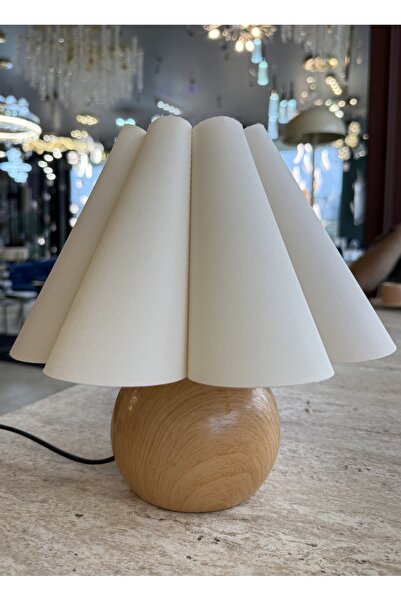 burenze Modern Madame Fico Abajur Ekru Kumaş Ahşap Detaylı Masa Lambası
