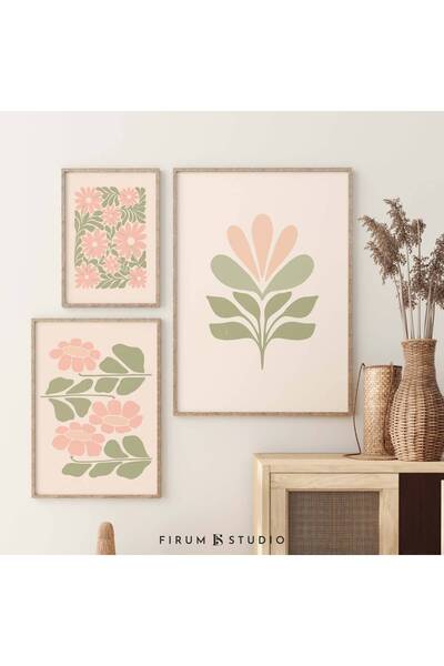 NinaStore Adaçayı Yeşili Şeftali Sanatı, 3'lü Duvar Sanatı Seti, Pastel Duvar...