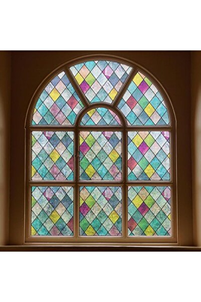 Generic Excefore Stained Glass Window Film - Colorful Lattice Privacy Tint, A...