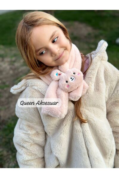 QUEEN AKSESUAR Plush Fur Fluffy Soft Rabbit Toy Neck Collar Scarf Fancy Powder Pink Unisex Children