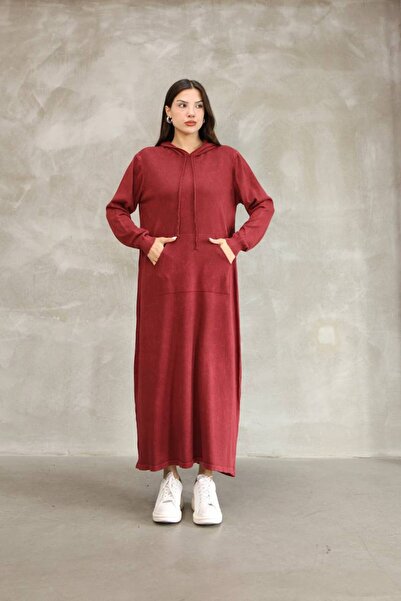 AYASOFYA OTANTIK Women's Burgundy Hooded Kangaroo Pocket Vintage Detailed Cotton Long Sleeve Knitwear Long Dress