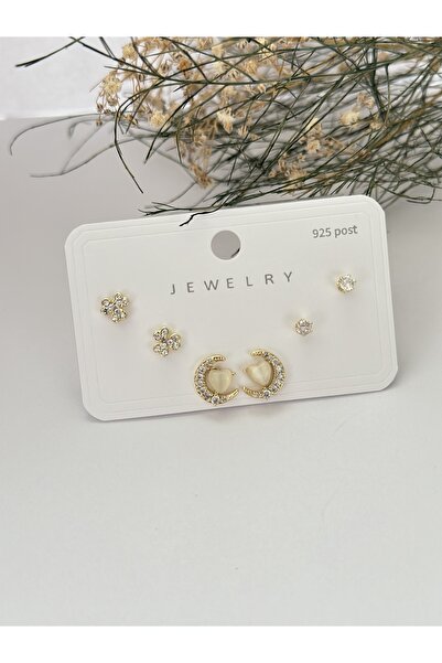 mibrillo 925 ayar gold zirkon taşlı yonca ay ve kalp detaylı 6 lı küpe