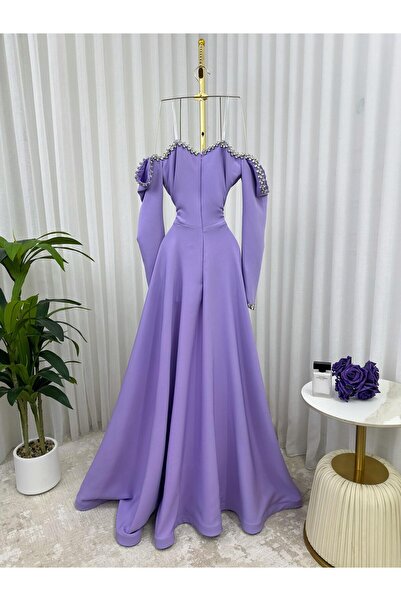 Riva Light purple evening dress with long sleeves and crystal embroidery