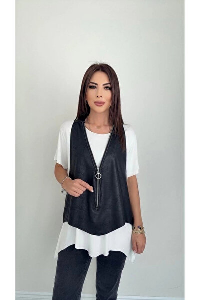 Asil Acar Home Mdb Women's Short Sleeve Round Neck Viscose Blouse + Sleeveless Zippered Cracked Leather Vest