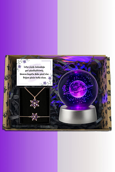 Zemtigo Kutulu Renk Değiştiren Led Işıklı Cam Satürn Kız Küre Ay Lamba Lotus Çiçeği Kolye Ve Bileklik Seti