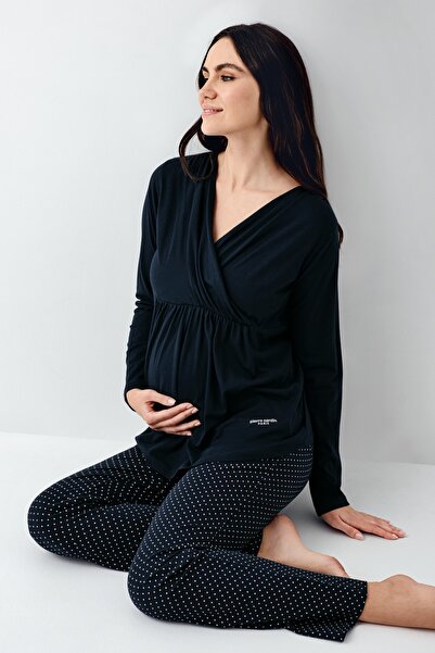 Pierre Cardin Kadın Lisanslı Hamile Giyim Yumuşak Doku Uzun Kollu Pijama Takımı 2 Çift Çorap Hediye