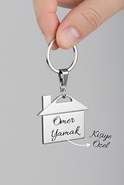 Personalized Name Printed Home Keychain, New Home Gift, Chrome Keychain with Metal House Figure
