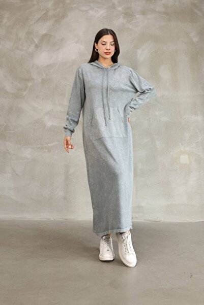 AYASOFYA OTANTIK Women's Gray Hooded Kangaroo Pocket Vintage Detailed Cotton Long Sleeve Knitwear Long Dress