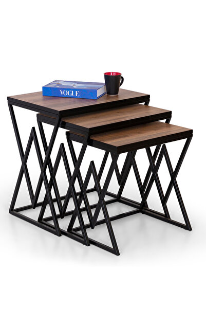 Mobievim Berlin Siyah Metal Ayaklı Ceviz Üst Tablalı Zigon Sehpa – 3’lü Moder...