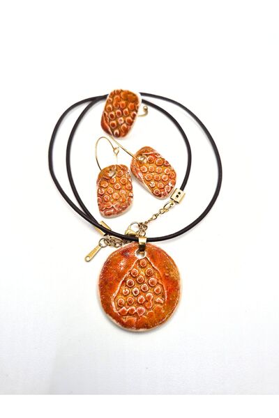 Pialuna Üzüm Turuncu Tasarım Seramik Küpe, kolye ve yüzük