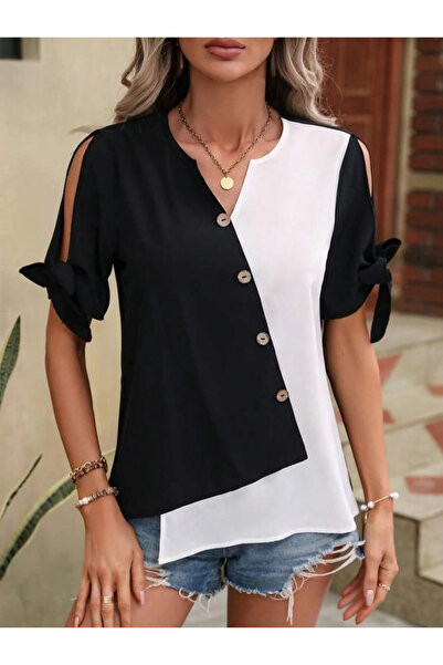 ARONA Women's Short Sleeve Tie-Up Front Asymmetric Cut Double Color Detailed Buttoned Imported Crepe