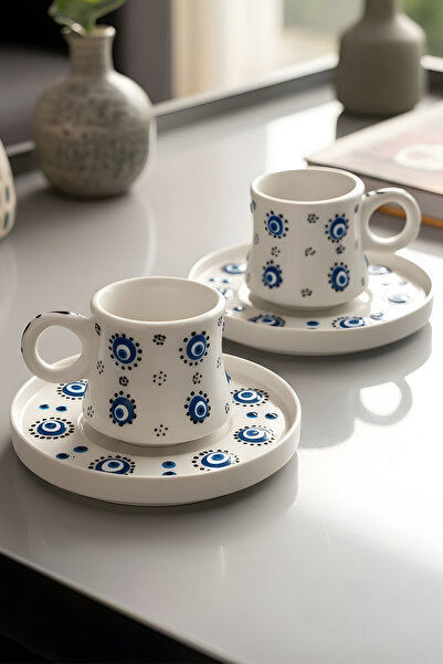 Hopce Luna Handmade Evil Eye Bead Patterned, 4 Piece Coffee Cup Set for 2 Peo...