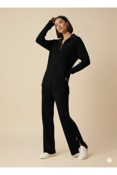 cottonage Women's Ribbed Collar, Zippered Leg Slits, Side Zipper Knitwear Suit