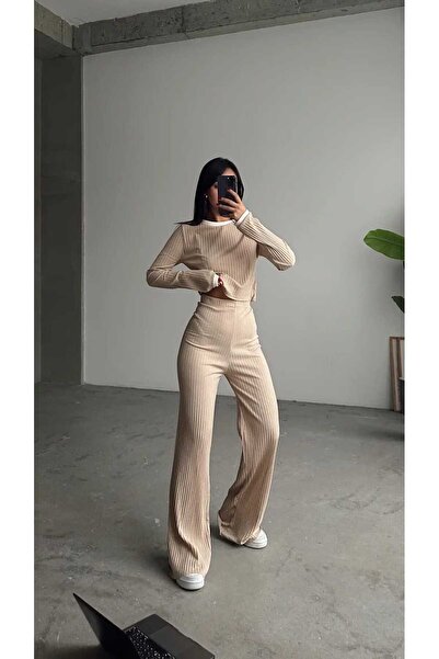 albaroda Set de bluză bej și pantaloni largi pentru femei