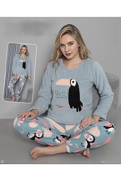 MOPİ طقم بيجامة من قطعتين بأكمام طويلة وياقة دائرية مصنوعة من القطيفة بنقشة حيوانات دافئة وناعمة