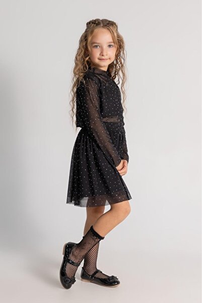 Magu Girl's Black Tulle Polka Dot Long Sleeve Skirted Set - Elegant Party & Special Occasion Model