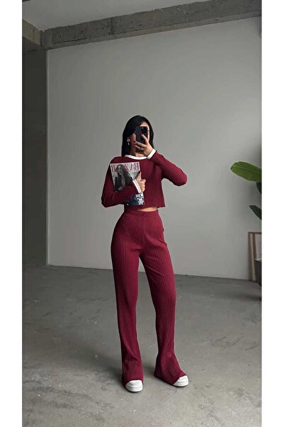 albaroda Set de bluză burgundă și pantaloni largi pentru femei