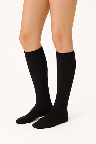 BlueStore 4 Çift Siyah Kadın Uzun Kışlık Yün Diz Altı Çorap