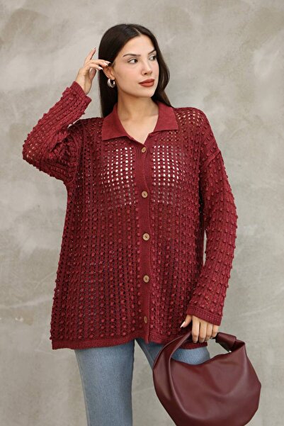 AYASOFYA OTANTIK Women's Burgundy Button Closure Vintage Loose Cotton Knitwea...