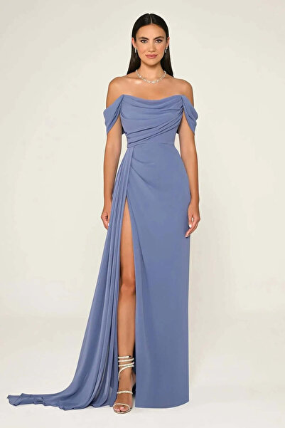 ALFABETA Long chiffon evening dress with side slit and off-the-shoulder