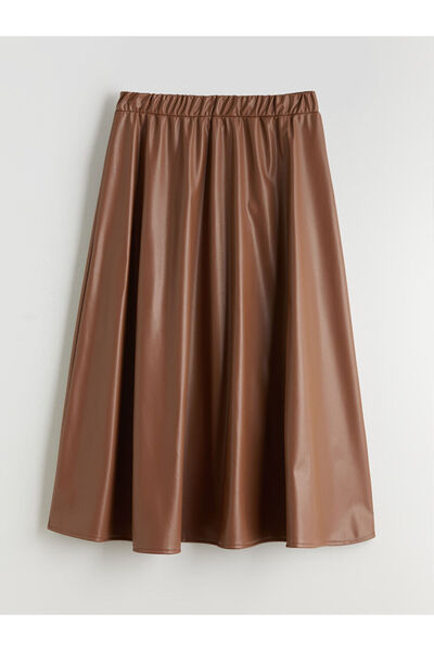 LC Waikiki RMZ GİYİMDEN SEZON FIRSATLARI Kahverengi Beli Lastikli Deri Görünümlü Kloş Etek
