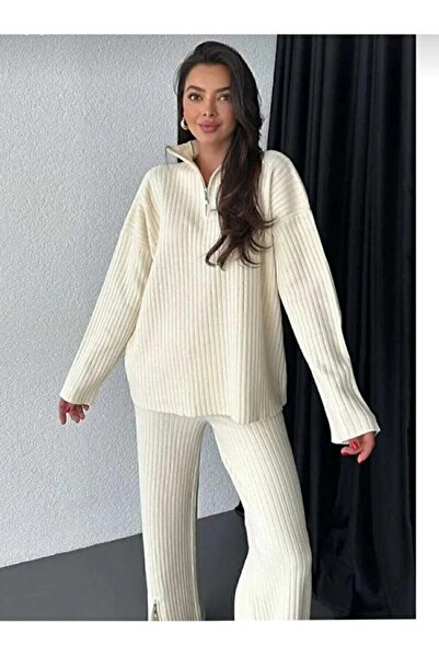 cottonage Women's Ribbed Collar, Zippered Leg Slits, Side Zipper Knitwear Suit