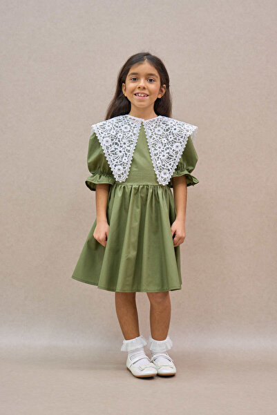 KÜÇÜĞÜM BUTİK Vintage Yakalı Haki Yeşil Kız Çocuk Poplin Elbise