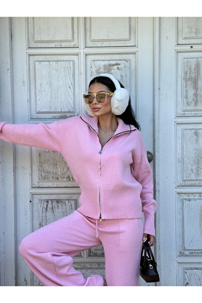 LB Laluna Butik Women's Pink Zippered Cardigan and Pants Knitwear Set