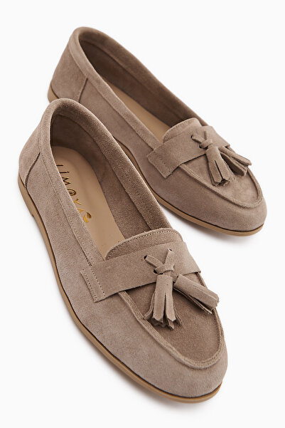 Limoya Doris Hakiki Deri Bej Süet Püsküllü Kadın Loafer Ayakkabı