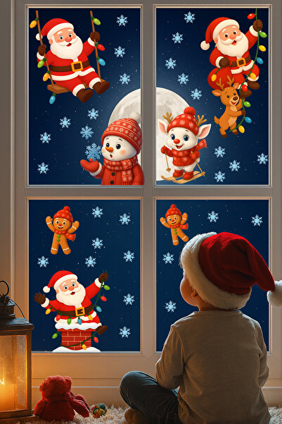 Echo Home Yılbaşı Sticker Seti – Sevimli Noel Baba, Kardan Adam, Geyik ve Kar Tanesi Pencere Süsü
