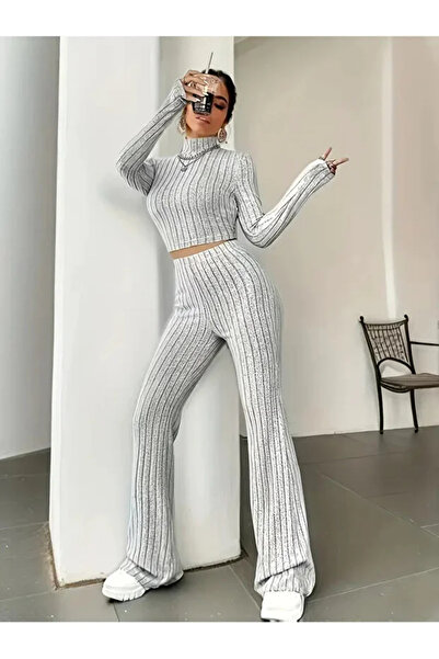 SWEETKORSE Half Turtleneck and High Waist Ribbed Ribbed Sports Casual Bottom Top Ribbed Two-Piece Suit Black