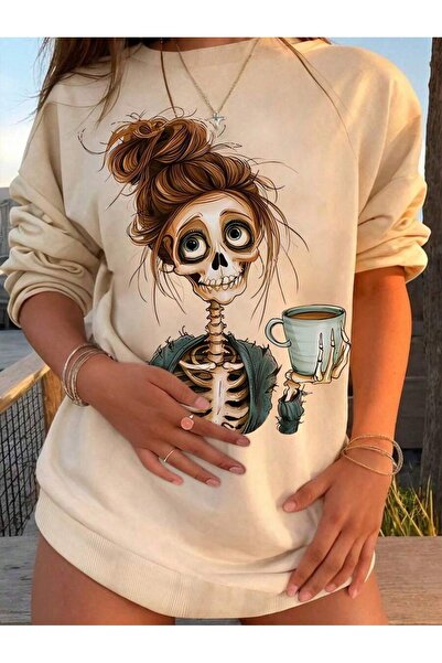 OVER HEAD Femeie Brown Girl cu imprimeu guler rotund Swea tricou