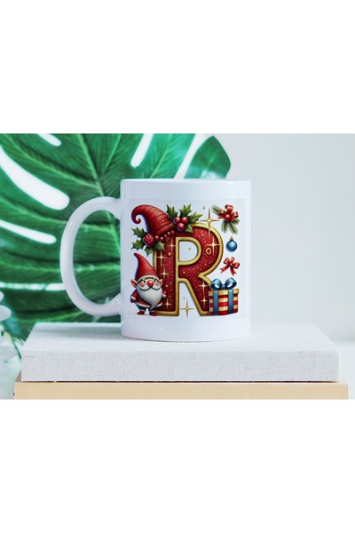 Beramussa Letter R Mug with Dwarf Santa Claus Figure - New Year / Christmas T...