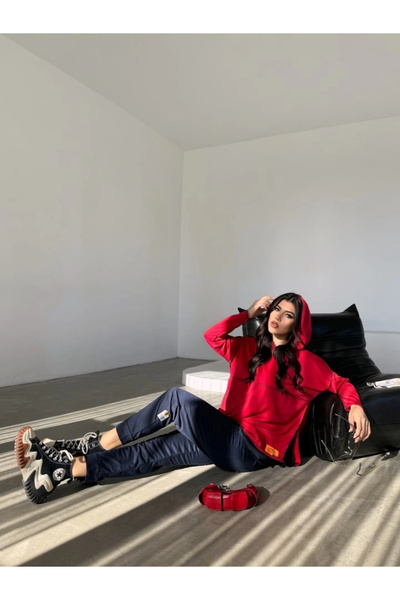 INFİVENTO Mdb Women's Red Hooded Skirt with Hem Detail, Arma Reverse Stitching Appearance, Two-Piece Set