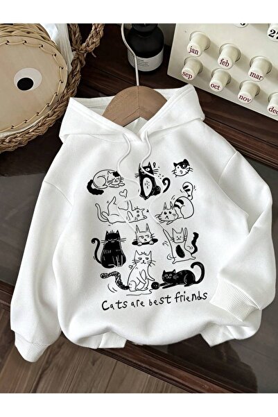OVER HEAD Φούτερ με κουκούλα UNISEX White Cats Are Best Friends με τύπωμα με ...