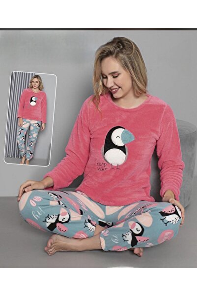 MOPİ Set de pijamale cu mâneci lungi, cald și moale, cu guler rotund modele d...