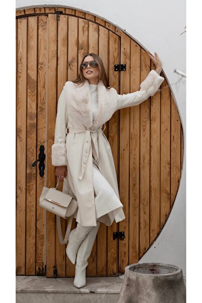 ByRanaBuyuk Beige Fur Leather Coat with Sleeves and Collar