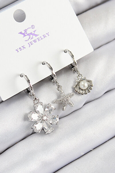 Skygo Brass Zircon Stone 3-Piece Flower and Oyster Model Silver Color Women's Earrings - Tj-Bkp11129