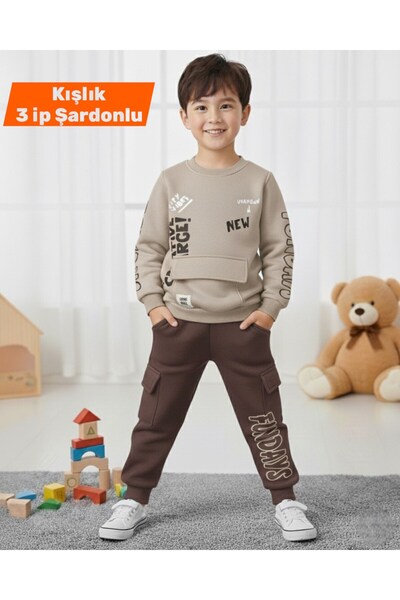Egelite Erkek Çocuk Kışlık 3 İp Şardonlu Cep Detalı 2-10 Yaş Eşofman Takımı