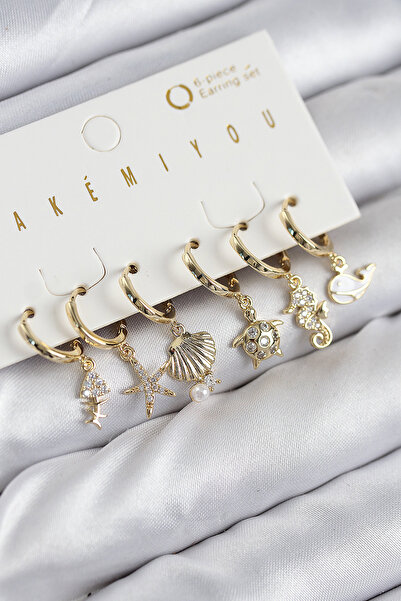 Skygo Brass Zircon Stone Oyster Whale and Star Gold Color Set of 6 Earrings - Tj-Bkp11203
