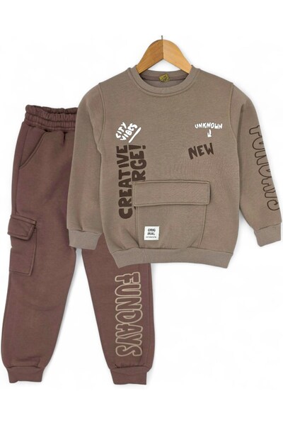 Egelite Erkek Çocuk Kışlık 3 İp Şardonlu Cep Detalı 2-10 Yaş Eşofman Takımı