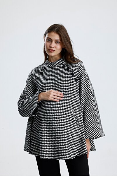 KATLİN MATERNİTY WEAR Hamile Panço Kazayğaı Desen , Yün Pamuk Karışımlı Kumaş, Yaka Düğme Detaylı (Emzirme)